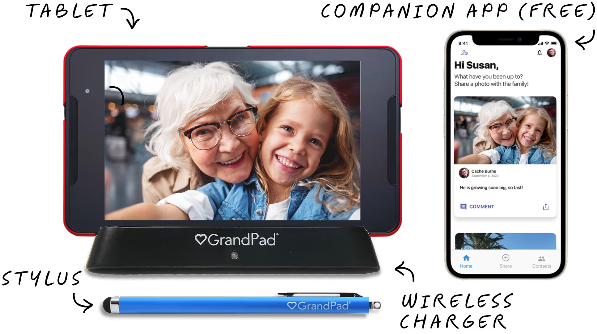 GrandPad senior tablet with stylus and companion app